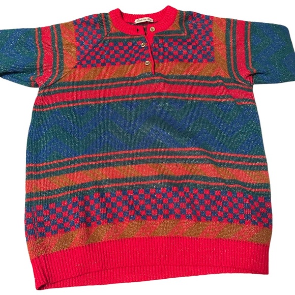 Vintage 1980's Italian Mohair Wool Bright Colored Geometric Long Sleeve Sweater - Picture 3 of 15